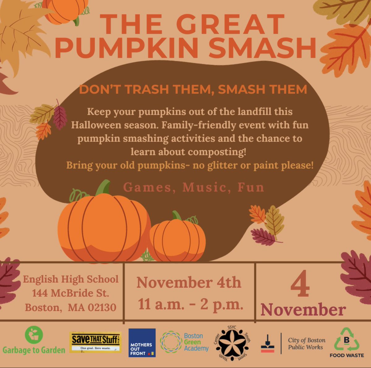 Boston Public Works (@bostonpwd) on Twitter photo Curious what do with your #pumpkin after #Halloween? Don’t trash them, smash them! In partnership with <a href="/GarbagetoGarden/">Garbage to Garden</a>, <a href="/savethatstuff/">savethatstuff</a>, <a href="/MothersOutFront/">Mothers Out Front</a>, <a href="/BosGreenAcademy/">Boston Green Academy</a> & <a href="/SSYCYOUTH/">SSYC</a>, join us on Saturday (11/4) from 11 am - 2 pm at English High School. 🎃 🔨 #composting Curious what do with your #pumpkin after #Halloween? Don’t trash them, smash them! In partnership with <a href="/GarbagetoGarden/">Garbage to Garden</a>, <a href="/savethatstuff/">savethatstuff</a>, <a href="/MothersOutFront/">Mothers Out Front</a>, <a href="/BosGreenAcademy/">Boston Green Academy</a> & <a href="/SSYCYOUTH/">SSYC</a>, join us on Saturday (11/4) from 11 am - 2 pm at English High School. 🎃 🔨 #composting