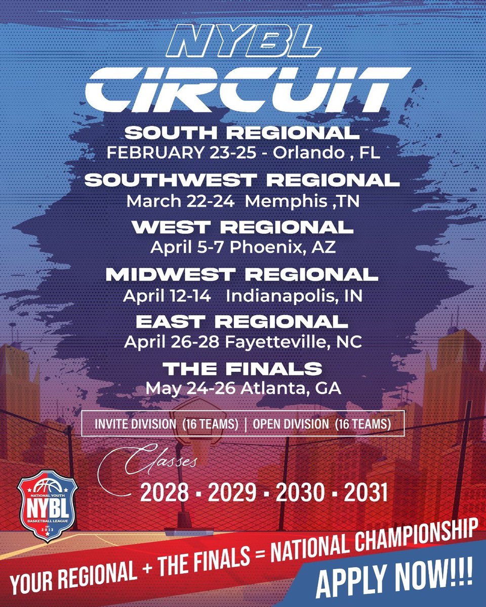#NYBL (@nyblbball) on Twitter photo 2024 NYBL Circuit Calendar Release!
Class of 2028-2032
    •    Early Bird Registration Ends: October 31st.
For more information please feel free to contact Terry Drake, Director of Operations, at 205.960.9567 or tjdrake3@icloud.com 2024 NYBL Circuit Calendar Release!
Class of 2028-2032
    •    Early Bird Registration Ends: October 31st.
For more information please feel free to contact Terry Drake, Director of Operations, at 205.960.9567 or tjdrake3@icloud.com