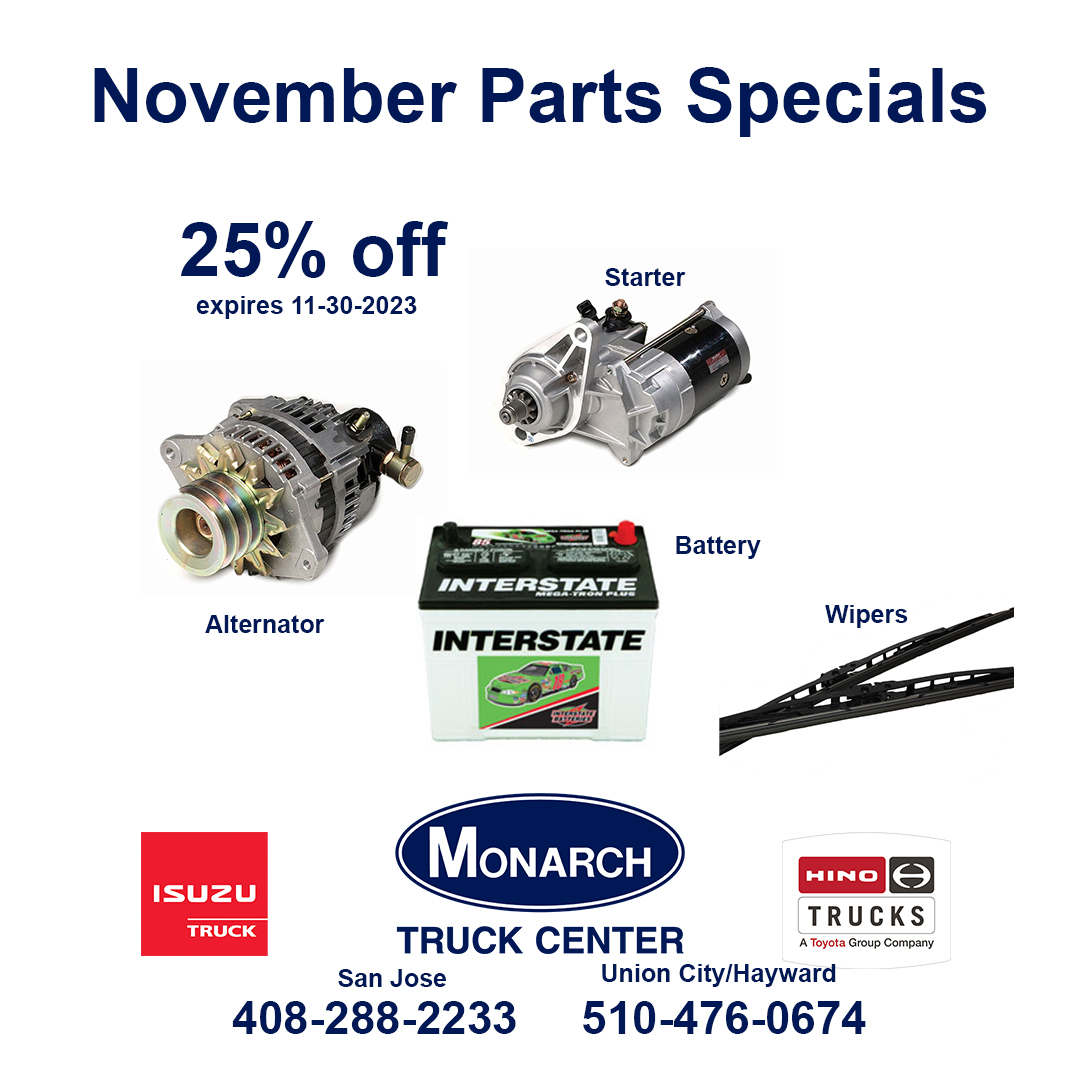 Isuzu - Hino Truck Parts Special, 25% off discount, Wipers, Starters, Alternators, and Batteries. Expires 11-30-2023, Over counter Parts Sales Only, Monarch Truck Parts San Jose 408-288-2233 Union City 510-476-0674
#monarchtruck #isuzutrucks #hinotrucks #isuzuparts #hinoparts