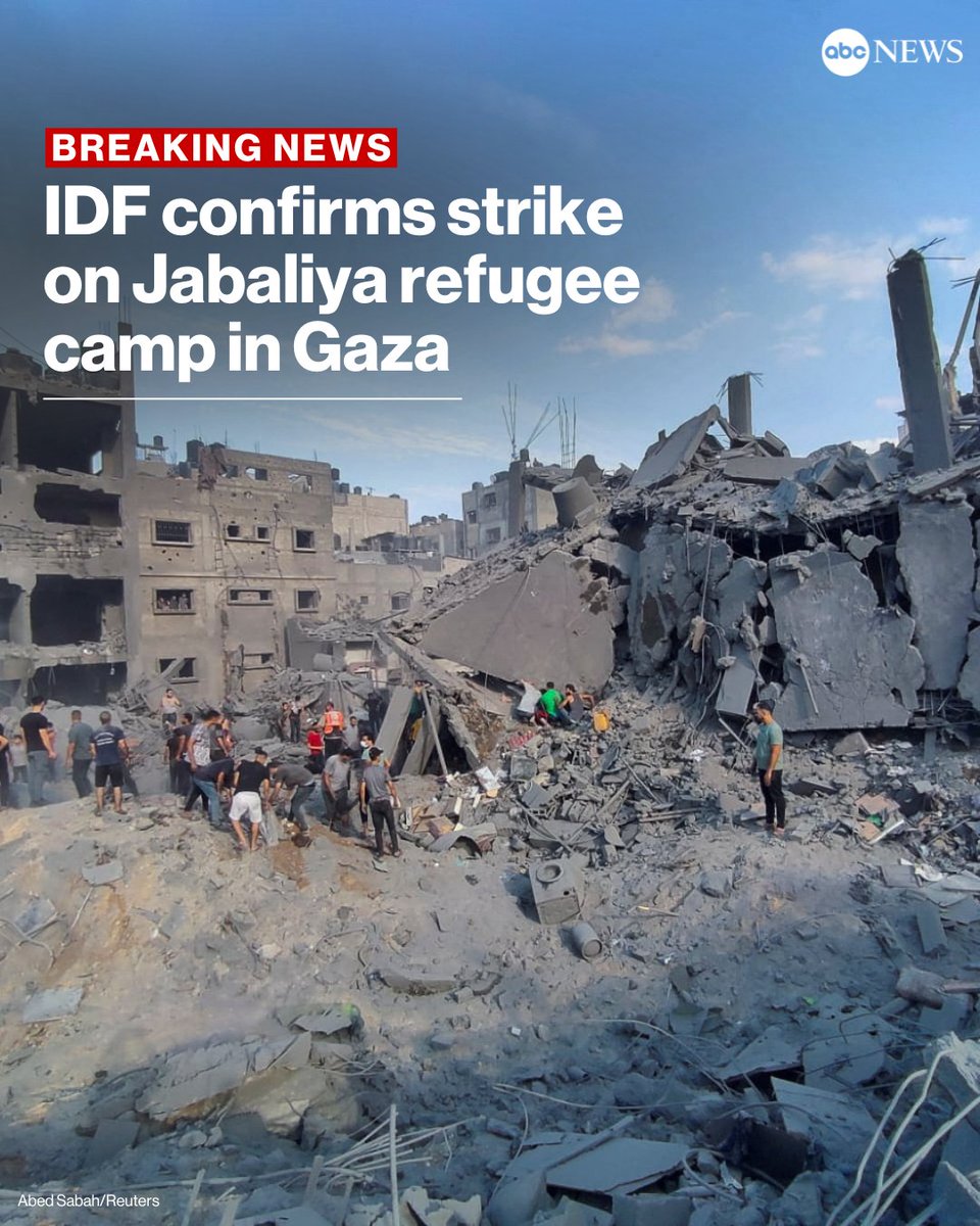 ABC's tweet photo. BREAKING: The Israel Defense Forces take responsibility for striking Jabaliya refugee camp in Gaza, which is one of the most densely populated areas in the Gaza Strip.

The blast killed a Hamas official, the IDF says.

More on the Israel-Hamas conflict at: https://t.co/zkIypnqnM3 https://t.co/Cg1YtHkUov