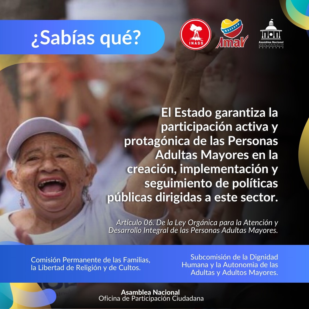 #VenezuelaToda
El estado Garantiza la participación activa en las políticas publicas  y protagónica a las Personas Adultas Mayores.  #31Oct 
#DefiendeTuEsequibo
Guyana
Delsy Rodríguez