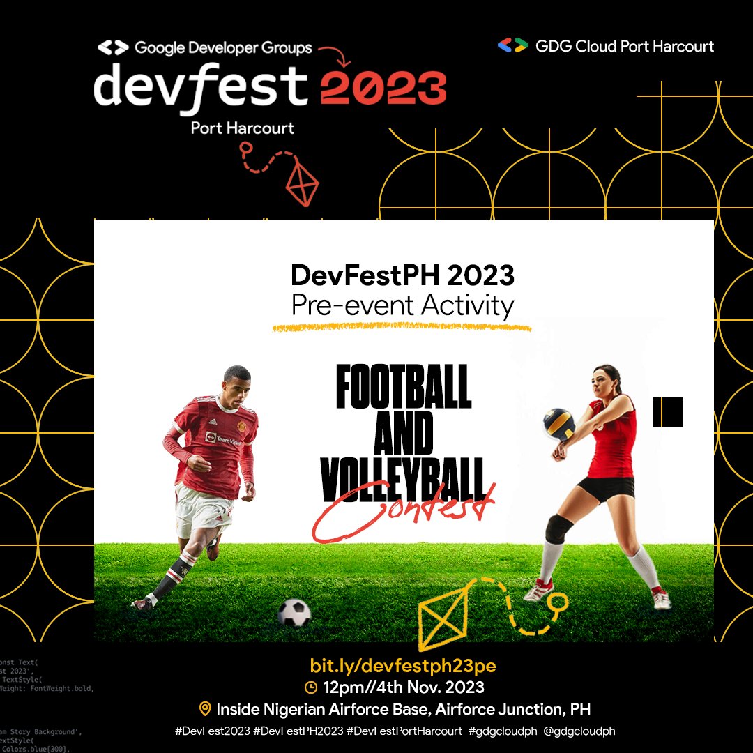 techphc's tweet image. DevFest Port Harcourt 2023 is hosting a pre-activity football and volleyball contest on November 4th at 12 p.m. at Nigerian Airforce Base at Airforce Junction.
This is a great opportunity to have fun and meet other tech enthusiasts.
Register here - bit.ly/devfestph23pe