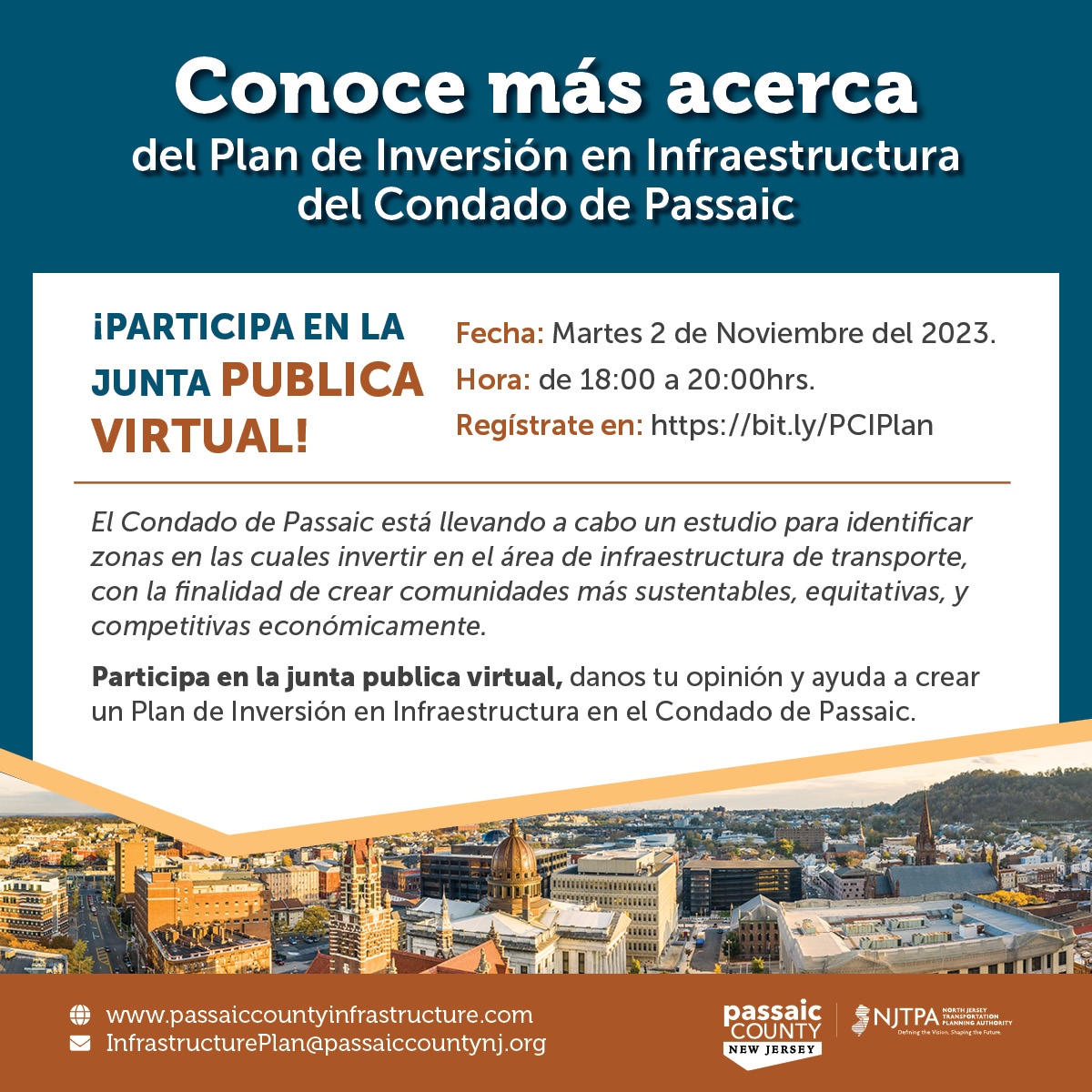 📢THURSDAY📢 Learn more about the @passaic_county Infrastructure Investment Plan and provide your input during a virtual public meeting from 6 to 8 p.m.⁠ Register: l8r.it/lcz3 #passaiccounty #transportation #infrastructure