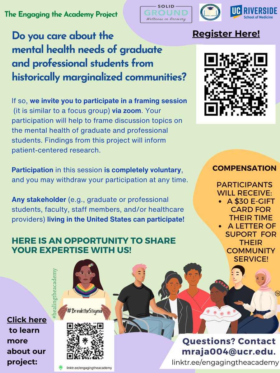 Do you care about the mental health of grad &amp; professional students from historically marginalized communities? 

We invite you to participate in a framing session!

Register here: ucriverside.az1.qualtrics.com/jfe/form/SV_5j…

Please share it with your networks <a href="/ucgpc/">UC Graduate and Professional Council</a> <a href="/UCRGradSuccess/">UCR GradSuccess</a>. Thank you!