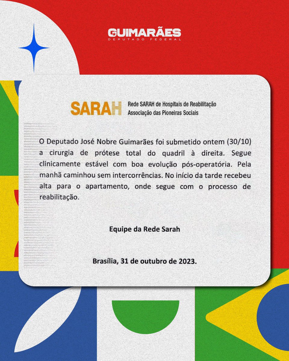 O deputado José Guimarães segue em plena recuperação da cirurgia no quadril. Nesta terça-feira (31) ele caminhou pelo hospital e já foi transferido para o quarto, aonde segue a reabilitação.