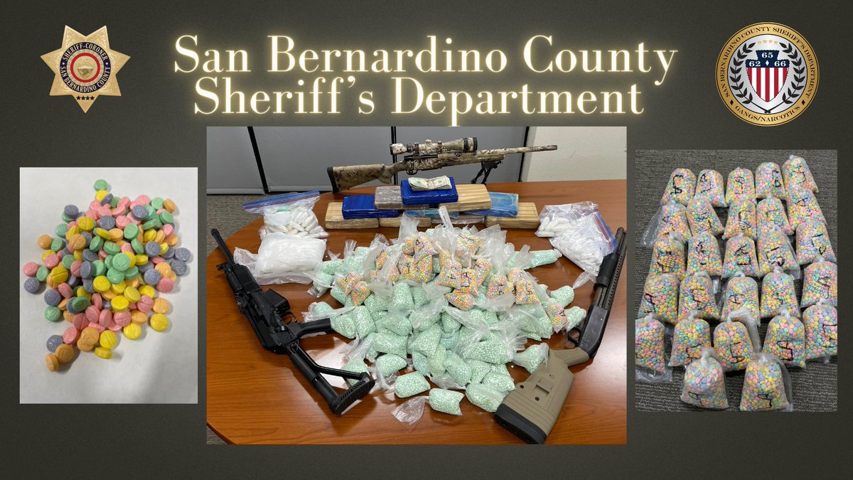 The Gangs/ Narcotics Division recently seized 54 lbs of fentanyl (approx. 243,000 pills), 13 kilos of cocaine, 2 lbs of meth, 2 shotguns and a rifle. The Gangs/ Narcotics Division is dedicated to keeping the citizens of San Bernardino County safe.
