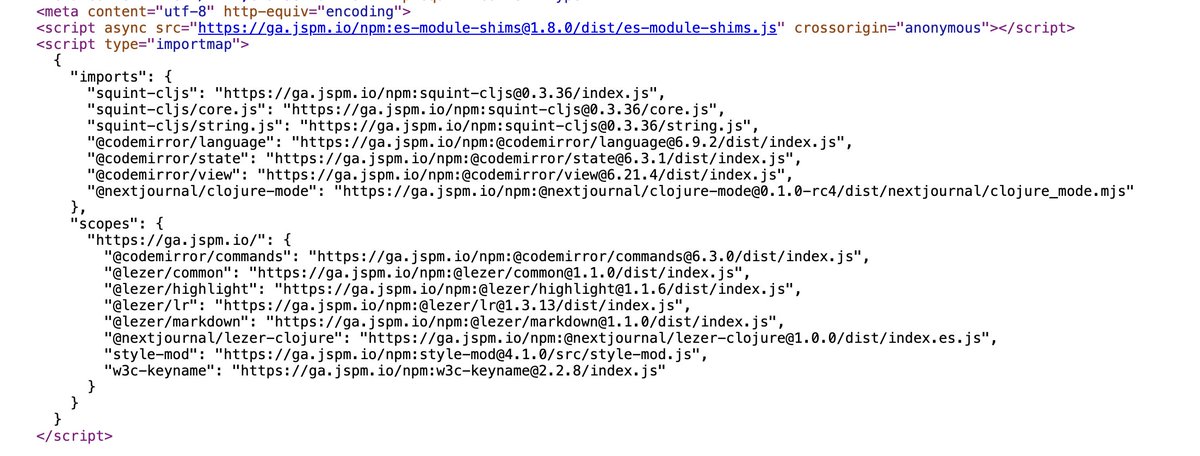 borkdude's tweet photo. The squint index.html page in the root of the repo now uses #nextjournal clojure-mode, which was ported to squint and released to npm:
https://t.co/Q3FUSR5ZaC
It uses both squint and clojure-mode directly from CDN via import-maps (check the HTML source)!
#clojure #squintcljs https://t.co/CJOSfyNaeU