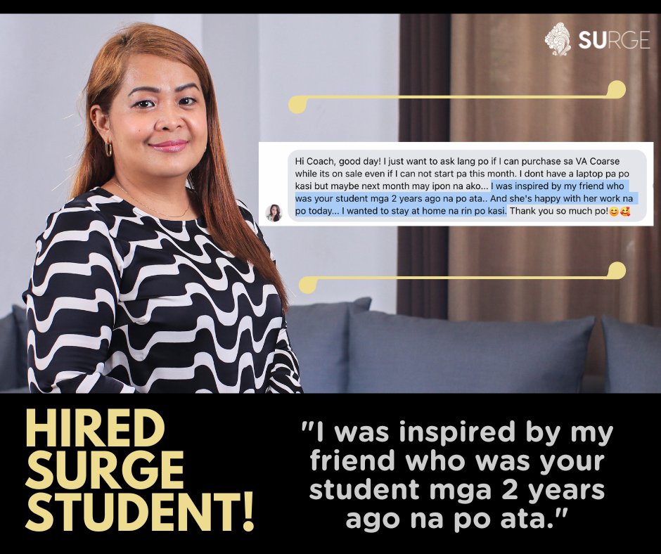 surgemktplace's tweet image. SURGE STUDENT HIRED:  A Surge graduate inspired by a friend who was also a Surge student 2 years ago! 🥰

Learn how to start FREELANCING today with our #FreelancingCourse!

PM us your name and email to reserve a slot for our next batch.

#surgeittoday
#surgemarketplace