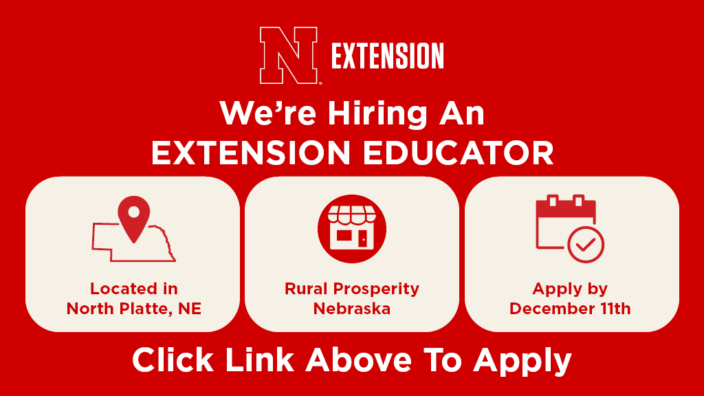 We're searching for an Extension Educator who catalyzes opportunities, provides strong regional expertise, leads impactful learning programs, and serves as a coach for communities that are poised to thrive.

For more info/to apply, visit: employment.unl.edu/postings/88598