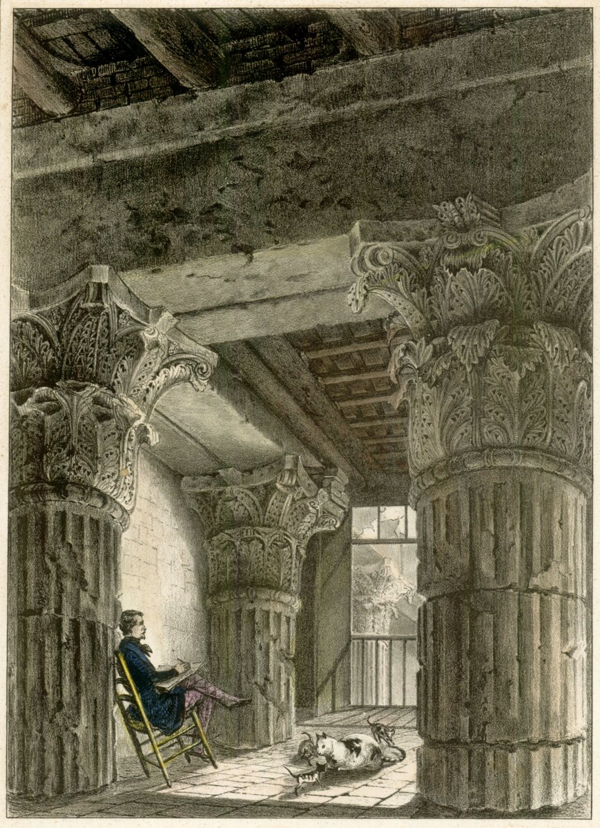 #Taldiacomavui de 1835 l'arquitecte Antoni Celles firmà, tot just dos mesos abans de morir, la memòria del primer estudi detallat del què quedava del Temple Romà de Barcino (s. I dC). Francesc Xavier Parcerisa en dibuixà així les columnes el 1839, amb una gata. Fil 🏛️ | 📷 AHCB