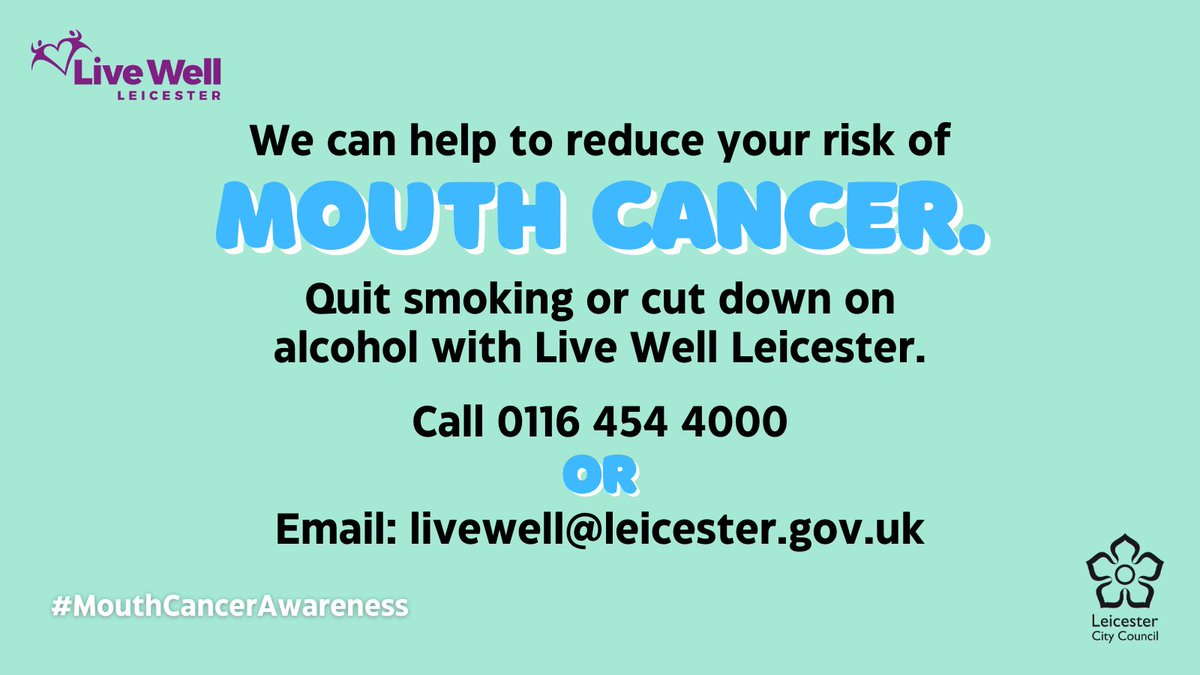 Smoking and excessive drinking increases your risk of getting mouth cancer. But it's not too late, we can support you to become smoke-free or cut down on alcohol. Visit ow.ly/4zQc50Q0F84 or call 0116 454 4000 to sign up or find out more information on our services.