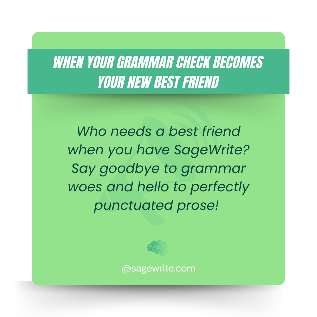 SageWrite's tweet image. Who needs a best friend when SageWrite has your back? 

Take control of your grammar! Get SageWrite and wave goodbye to writing worries. Start now! 🚀📚
sagewrite.com

#SageWrite #GrammarPerfection #WritingTools #LanguageAssistance #WritingAssistants #MasteringGrammar