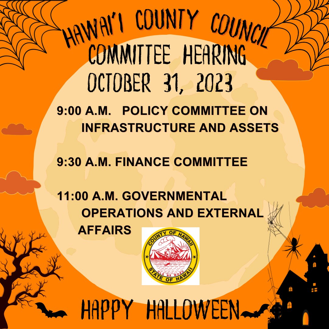 HiCountyCouncil's tweet photo. Hawai'i County Council Committee Hearings live streaming today Tuesday, October 31, 2023, which starts at 9:00am. Please click the attached link.

https://t.co/38sGZYjd6V

Have a safe and wonderful Halloween. https://t.co/KcB4cYm70z