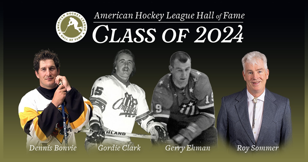 Dennis Bonvie, Gordie Clark, Gerry Ehman and Roy Sommer have been selected as the AHL Hall of Fame Class of 2024. They will be inducted at the 2024 AHL All-Star Classic presented by <a href="/TechCU/">Tech CU</a> in San Jose on February 5.  

Full story: theahl.com/ahl-hall-of-fa…