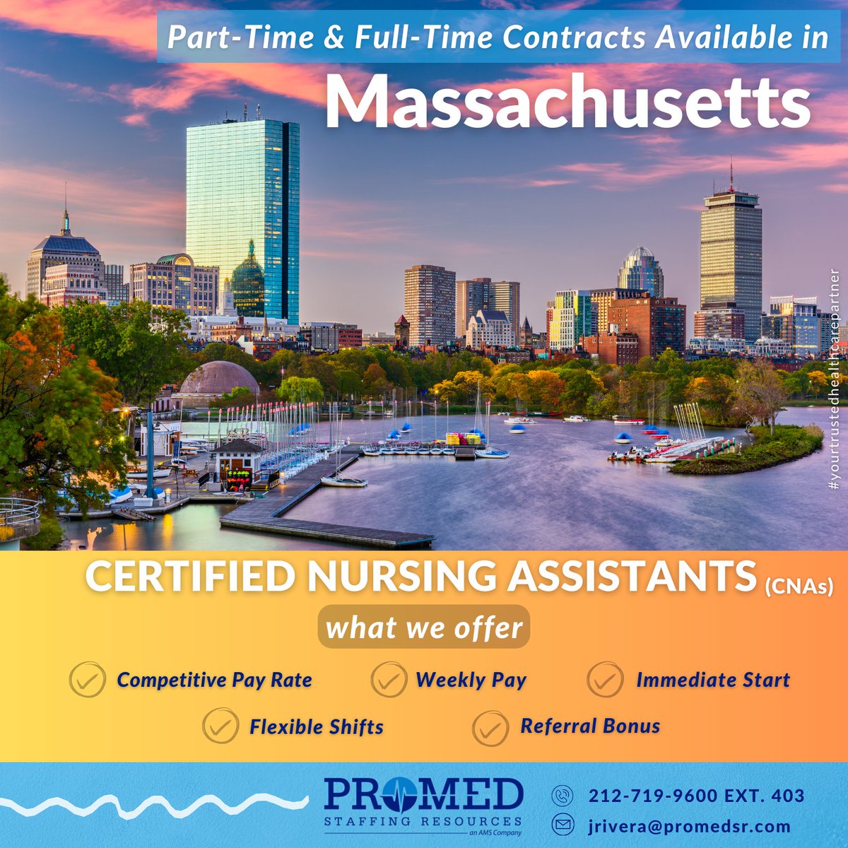 Promed Staffing Resources is now #hiring experienced #CNAs to work in #longtermcarefacilities across #massachusetts. Contact Jorell Rivera at (212) 719-9600 or email your resume to jrivera@promedsr.com

#certifiednursingassisstant #recruitmentagency #cnajobs #promed #promedsr