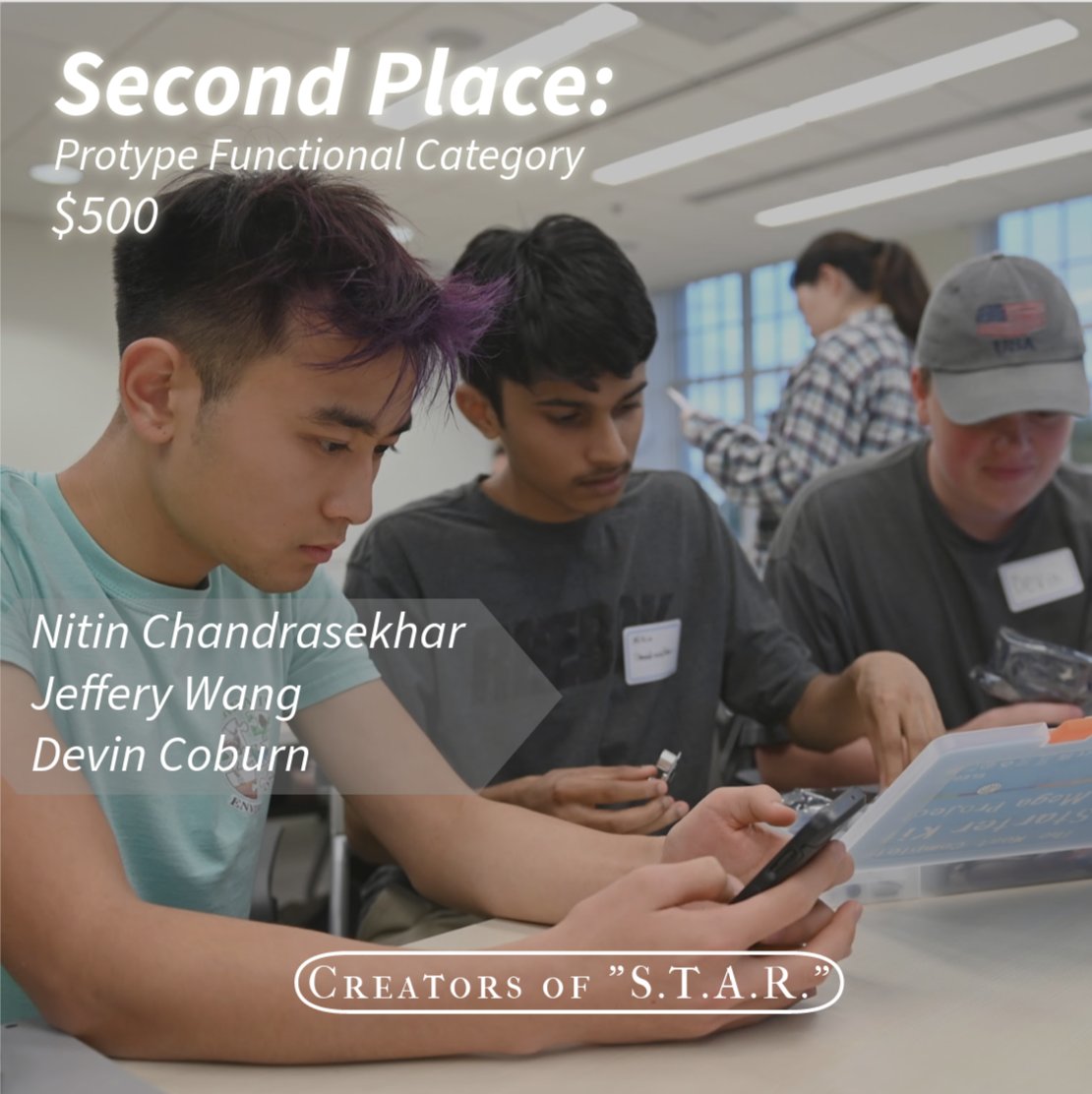 CLT_CEI's tweet photo. Congratulations to "S.T.A.R." for 2nd Place in the "Prototype Functional" Golden Hack Category! 
Nitin Chandrasekhar: Freshman in the Lee College of Engineering
Jeffery Wang: Freshman in the Lee College of Engineering
Devin Coburn: Freshman in the Lee College of Engineering https://t.co/xF9ZfmH9mv