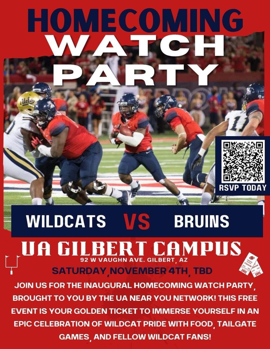 Can't make it to Tucson for Homecoming?
No problem. The University of Arizona Gilbert Campus will be holding a Homecoming Watch Party. Details below! 🐻⬇️🏈