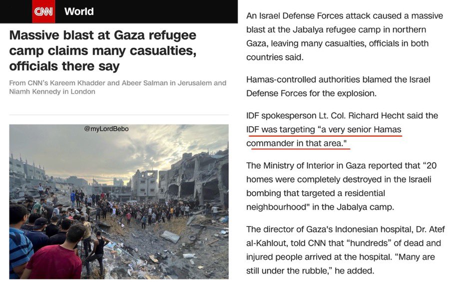 CensoredMen's tweet photo. 🇵🇸🇮🇱 Earlier today, Israel dropped 6 tons worth of explosives on the Jabaliya refugee camp in Gaza.

This caused hundreds of civilians to die, A LOT of them being women and children.

The IDF told CNN that they were targeting “a very senior Hamas commander in that area.”

Now they claim it was a Hamas terrorist stronghold and “approx. 50 terrorists” were killed.

Is Israel seriously gonna try and justify every war crime they commit with a lie?

Rhetorical question.