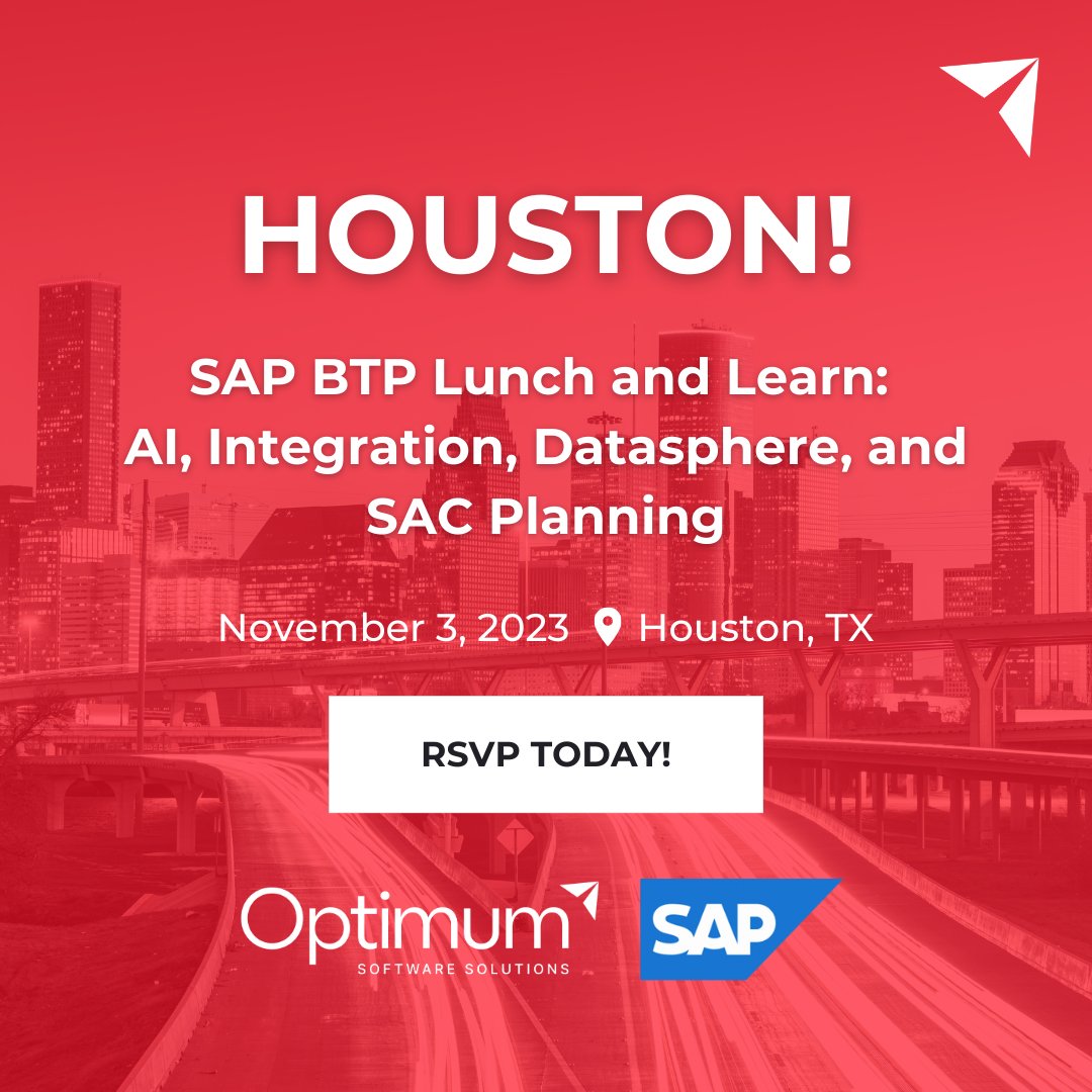 optimumcsllc's tweet image. Houston, the countdown is on! Our @SAP Business Technology Platform Lunch &amp;amp; Learn is just DAYS away, and we can hardly contain our excitement. RSVP now to save your spot and be part of something extraordinary. hubs.ly/Q027h9Dr0
#SAPBTP #SAPcommunity #SAPgenAI #SAPAI