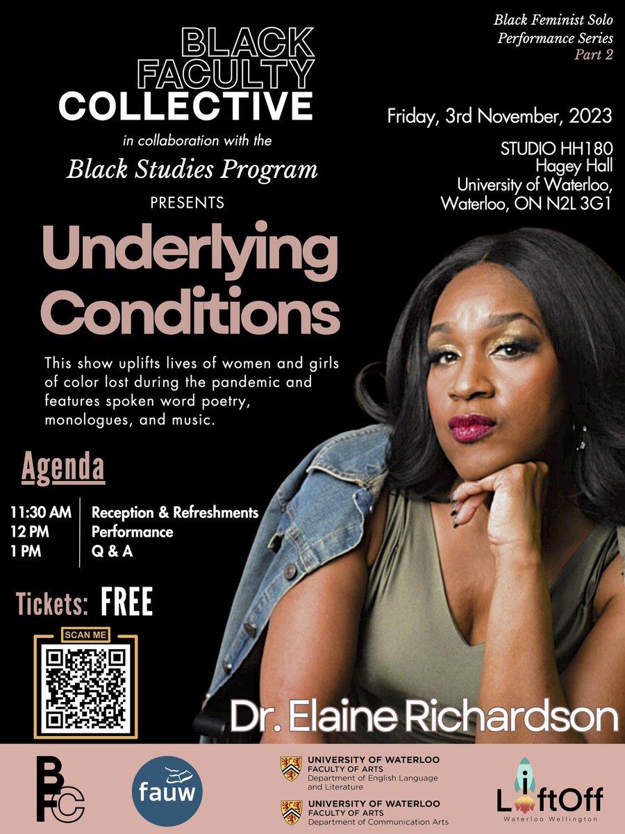 Coming up on Friday -- Black Feminist Solo Performance Series, Part 2.  Dr. Elaine Richardson, Underlying Conditions. Free tix: secure1.tixhub.com/waterloo/onlin…