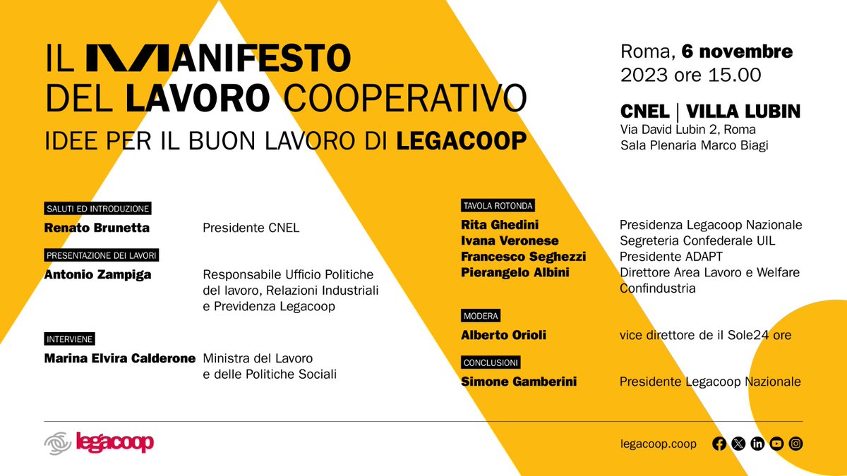 🤝Proposte cooperative per un buon lavoro

Il 6 novembre al <a href="/cnel_it/">Consiglio Nazionale dell'Economia e del Lavoro</a> #Legacoop illustra il manifesto del lavoro cooperativo alla presenza della ministra del #Lavoro Marina Elvira Calderone

Conclude i lavori della giornata il presidente Legacoop <a href="/SGamberini/">Simone Gamberini</a>  

Intervengono  
🔷