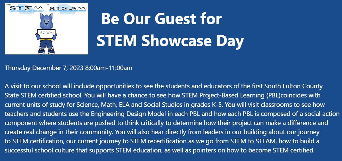 Be our STEM Showcase Guest! Thursday December 7, 2023 8:00am-11:00am  Sign up today: tinyurl.com/stempblguest@e…
#STEM #PBL <a href="/ecwestwildcats/">Evoline C. West</a>