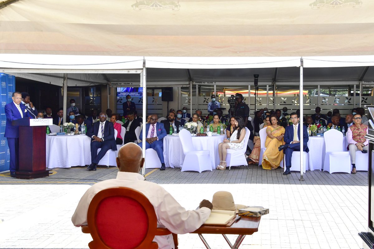 KagutaMuseveni's tweet photo. I officiated at the opening of a new hotel, Four Points by Sheraton Kampala, this afternoon. 

I welcomed the group to Uganda and assured them they were in the right place at the right time. As a country, we have everything from raw materials, the internal market of 46 million people, the East African market of 700 million, and the market of Africa of 1.7 billion for goods and services. 

I urged them to bring more investors, especially in manufacturing and agro-processing. 

We shall continue to support the private sector because it strengthens the economy, which is what Uzalendo (Nationalism/Patriotism) actually means. A strong economy allows the country to be independent. I wish them good luck.