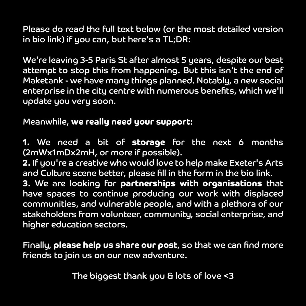 With a heavy heart, we announce Maketank is leaving 3-5 Paris St after almost 5 years, despite our best attempts to stop this from happening. But this isn't the end of Maketank - stay tuned for updates. Read our full statement & support us here: mailchi.mp/74ae50d8e1b7/m… #Exeter