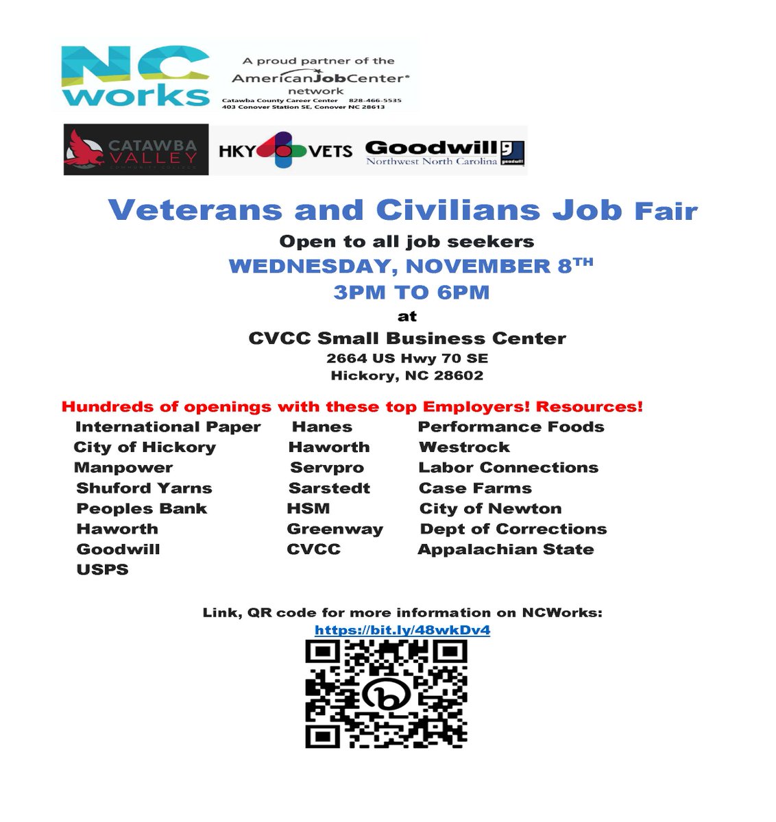 Call all Veterans and job seekers! The Veterans & Civilian Job Fair is happening on Wednesday, November 8th from 3pm to 6pm. See the event flyer for more details. #NCWorks #westernpiedmontworks