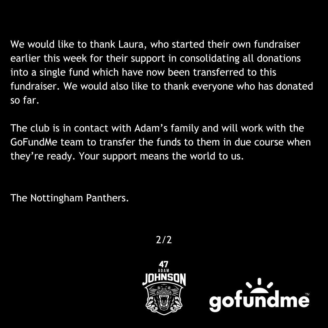 💛The Nottingham Panthers Ice Hockey Club have launched this official fundraiser, with the permission of Adam's family, to raise money for the "Love for Hibbing and Hockey Memorial Fund".

Fundraising page here: gofund.me/0a269b5b