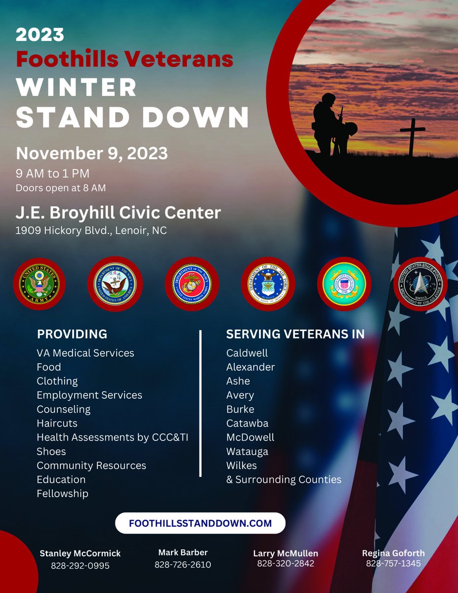 Foothills Veteran Winter Stand Down is happening on November 9th from 9am to 1pm. See the event flyer for more information. Call all Veterans and job seekers! #NCWorks #westernpiedmontworks