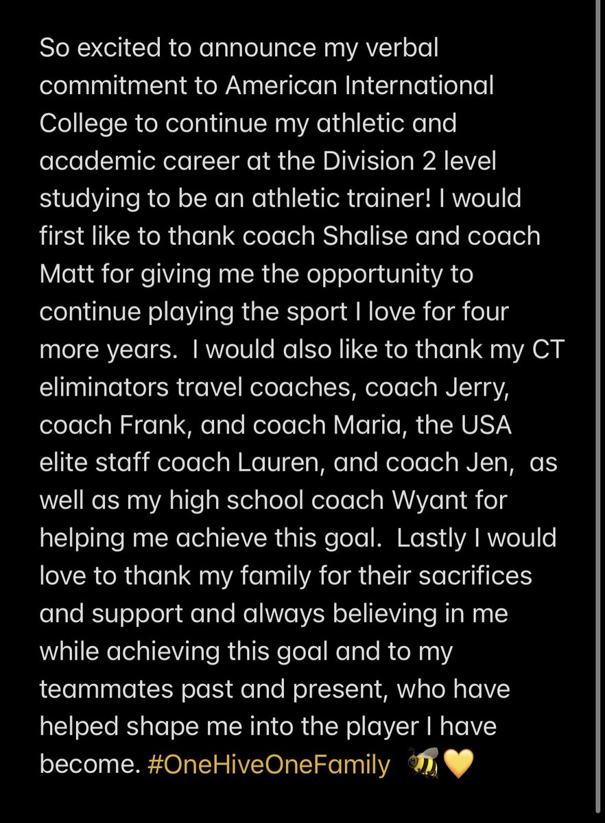 Can’t wait to start this new journey🐝💛 #OneHiveOneFamily 
<a href="/CoachTatAIC/">Shalise Tolentino</a> 
<a href="/AICSoftball/">AIC Softball</a> 
<a href="/USAElite_Jen/">USA Elite</a> 
<a href="/CTEliminator_SB/">CTEliminators_Softball</a> 
<a href="/SheehanSoftball/">Sheehan Softball</a>