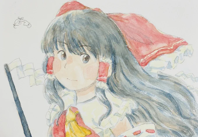 これは水彩で描いた霊夢の絵。 久しぶりに真面目な顔した霊夢描いた。