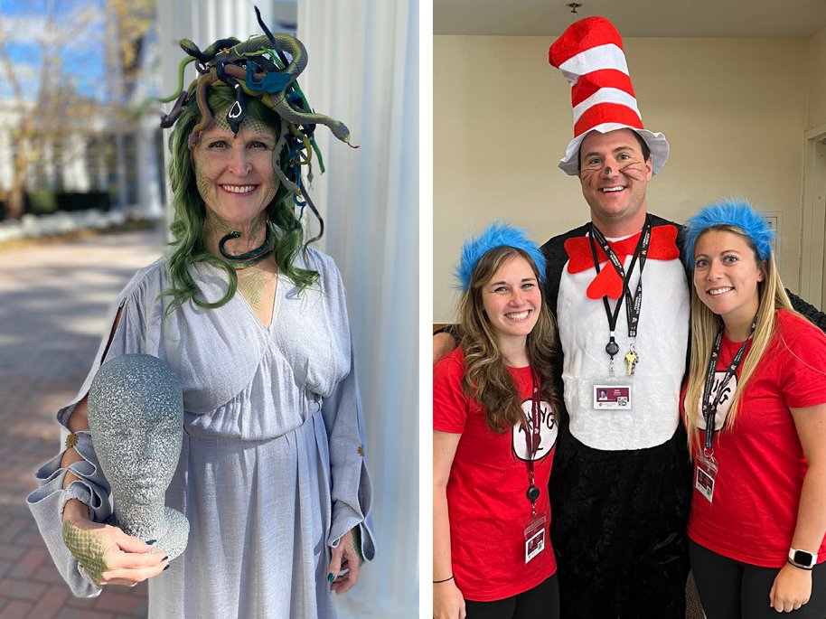 MorristownBeard's tweet photo. When your class is being taught by The Cat in the Hat or Medusa, and you see an inflatable polar bear sitting next to you in class, that can only mean one thing — it’s Halloween at #MoBeard!  Thanks to everyone who dressed up and showed so much spirit! https://t.co/BBlHtXFprp https://t.co/0nz65kG2nu