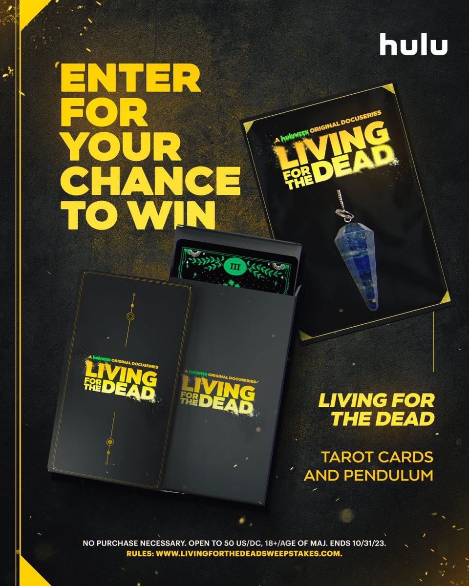 To feel like you're part of the #LivingForTheDead ghost hunters crew, enter this sweepstakes for a chance to win a set of your own tarot cards and pendulum!

Enter by...
✅ Following @Hulu
✅ Replying with #LivingForTheDeadSweepstakes

No Purchase Necessary. Open to 50 US/DC,
