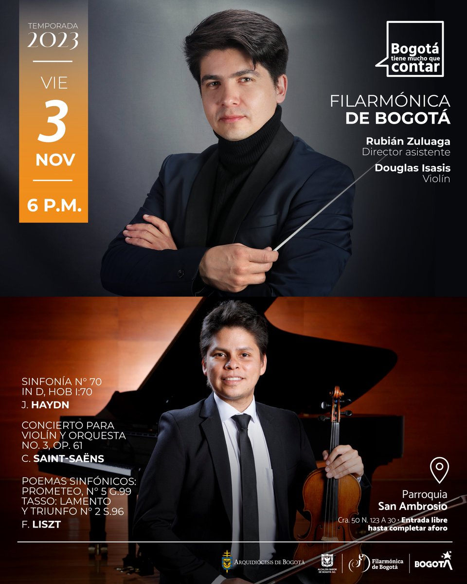 filarmonibogota's tweet photo. Grandes compositores universales llegan a la localidad de @AlcaldiaSuba11 con un concierto de entrada libre👉🏻 

3 de noviembre a las 6p.m. en la Parroquia San Ambrosio, con el violinista Douglas Isasis y la Filarmónica, bajo la dirección de Rubián Zuluaga. 

🚩Cra. 50 #123a - 30. https://t.co/eX4skKVSWN