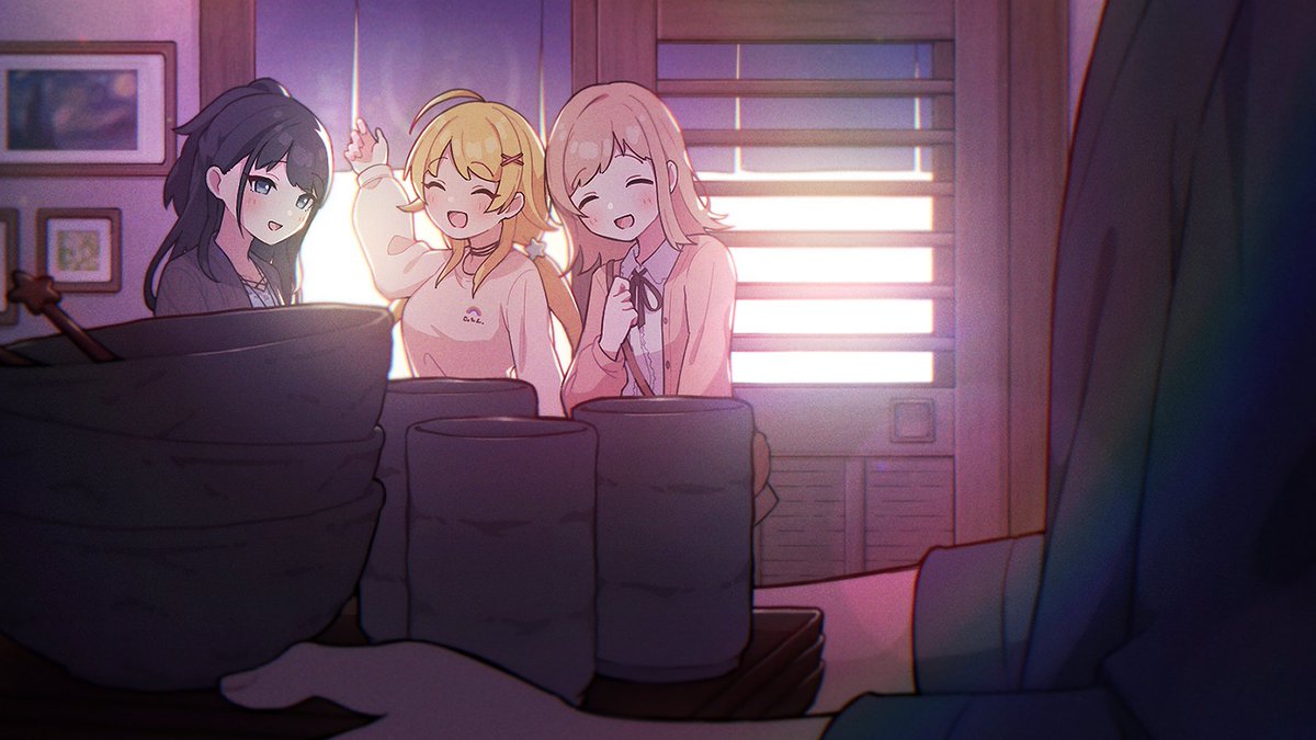 hachimiya meguru ,kazano hiori ,sakuragi mano multiple girls 3girls closed eyes blonde hair indoors ^ ^ black hair  illustration images