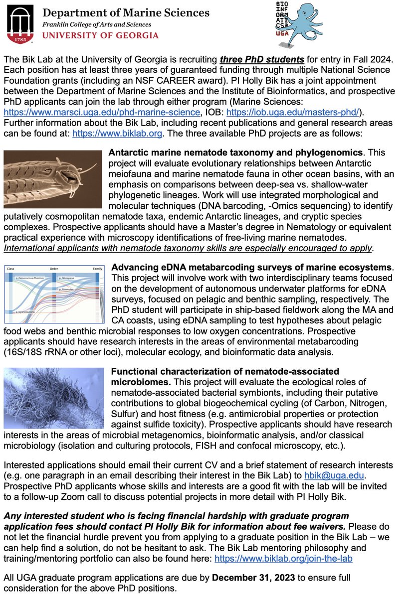 Holly Bik (@hollybik) on Twitter photo I'm recruiting THREE PhD students for Fall 2024 (nematode systematics, marine eDNA, invertebrate microbiomes) - more info here biklab.org/join-the-lab including my mentoring philosophy + training portfolio! <a href="/SACNAS/">SACNAS</a> #2023NDiSTEM #BWEEMS #WomenInSTEM <a href="/LatinxMarineSCI/">Latinx in the Marine Sciences</a> <a href="/BlackinMarSci/">Black in Marine Science</a> I'm recruiting THREE PhD students for Fall 2024 (nematode systematics, marine eDNA, invertebrate microbiomes) - more info here biklab.org/join-the-lab including my mentoring philosophy + training portfolio! <a href="/SACNAS/">SACNAS</a> #2023NDiSTEM #BWEEMS #WomenInSTEM <a href="/LatinxMarineSCI/">Latinx in the Marine Sciences</a> <a href="/BlackinMarSci/">Black in Marine Science</a>