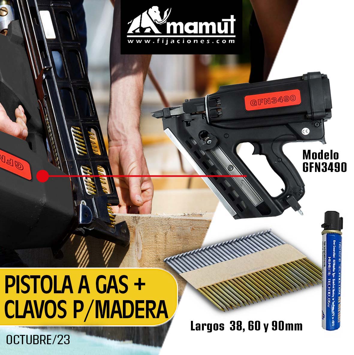 La Pistola a gas para clavos de madera se acciona por medio de combustión interna, 
posee menor emisión de ruido que una pistola de fulminantes y mayor autonomía. La lubricación de la pistola es automática por medio del gas.  Soporta 3 tipos de clavos de 38 60 y 90mm de largo.