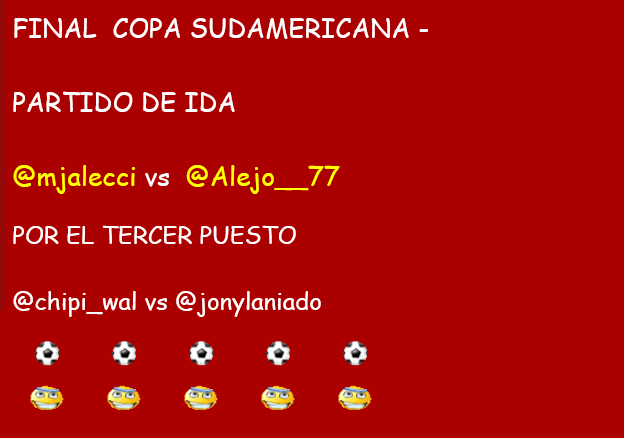 #MiniPRODE HABEMUS FINAL COPA SUDAMERICANA 2023

<a href="/mjalecci/">maxi</a> 
<a href="/chipi_wal/">WALTER AGUIRRE</a> 
<a href="/jonylaniado/">Jony Laniado</a> 
<a href="/Alejo__77/">Ale</a>