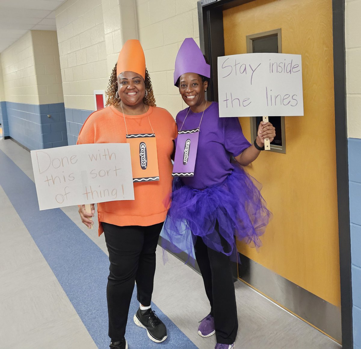 chlescounselors's tweet photo. It's book character day! Support staff decided to do The Day the Crayons Quit! #bookcharacterday @CHLES_Merlins https://t.co/XgtE0tarI4