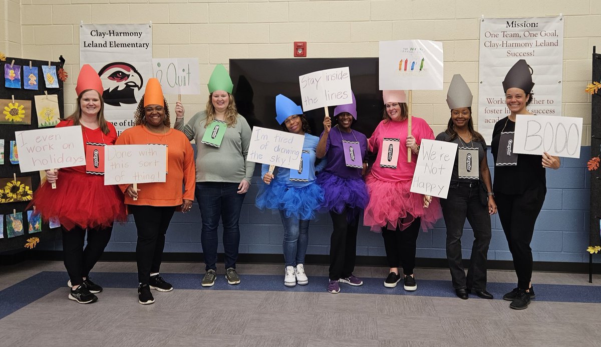 chlescounselors's tweet photo. It's book character day! Support staff decided to do The Day the Crayons Quit! #bookcharacterday @CHLES_Merlins https://t.co/XgtE0tarI4