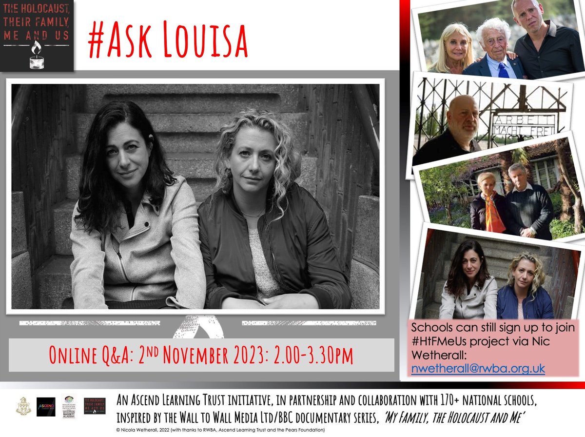 RWBAHolocaust's tweet photo. Following #LouisaandNatalies Journey as part of #HtFMeUs project?
Join us this Thurs, 2 Nov, 2pm to have chance to #AskLouisa your Qs, gain new insights & enrich your project.
Submit Qs & check for Zoom details via Basecamp.
RT @Hendon_School @MrsBatesHistory @StWilfridSchool https://t.co/raSspDj67i