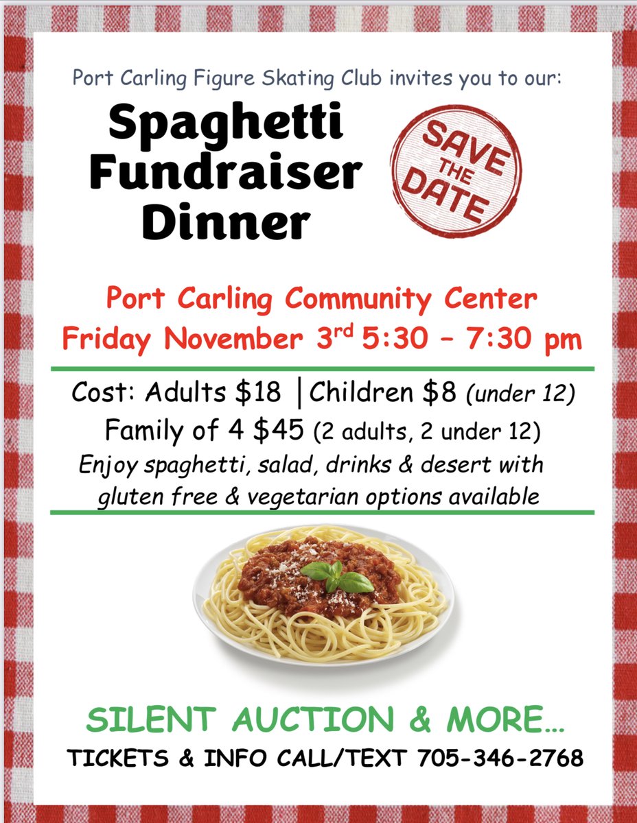 Muskoka411's tweet photo. Annual Spaghetti dinner fundraiser on Friday November 3 rd at 5:30 at the Port Carling Community Centre. https://t.co/loNyjrgvmo