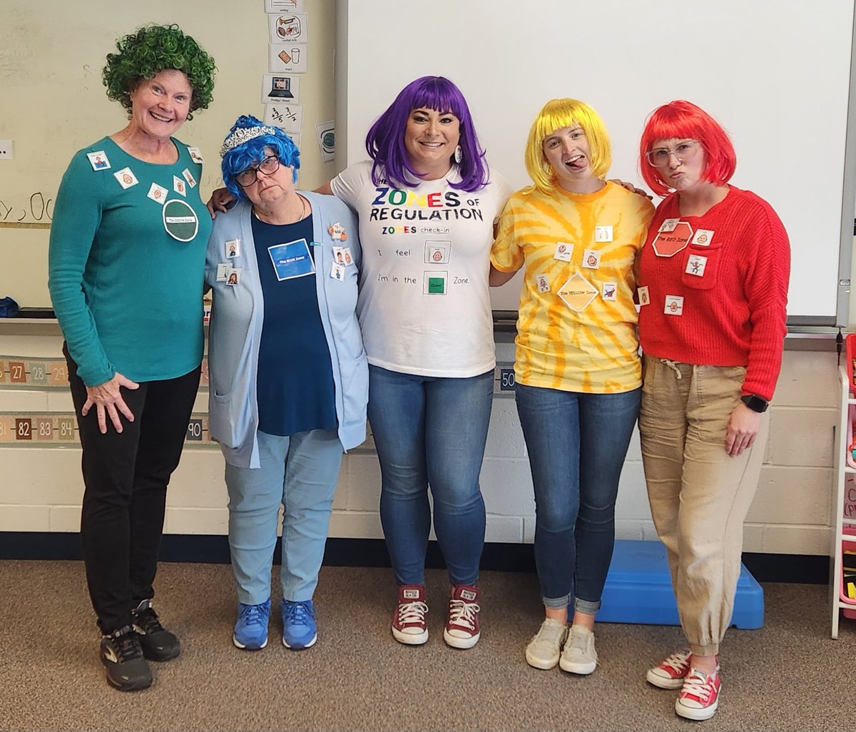 MrsMathewsILC's tweet photo. Busy doing Halloween things! My staff and I dressed up as the Zones of Regulation today and over the last couple days we worked on different types of sentences with our pumpkins on a gate and wrote spooky stories today that we got to share with @MonetteStacy https://t.co/NOMBYOcyme