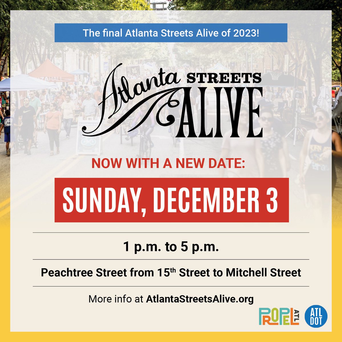 ATLDOT's tweet photo. #AtlantaStreetsAlive is moving forward with a new date for the next event. Sunday, December 3 will be your last chance in 2023 to enjoy a car-free stretch of Peachtree Street as a park space in the heart of our city. Don't miss it!
https://t.co/wMYQ5809a7
#MovingAtlantaForward https://t.co/nSAtoelR6u