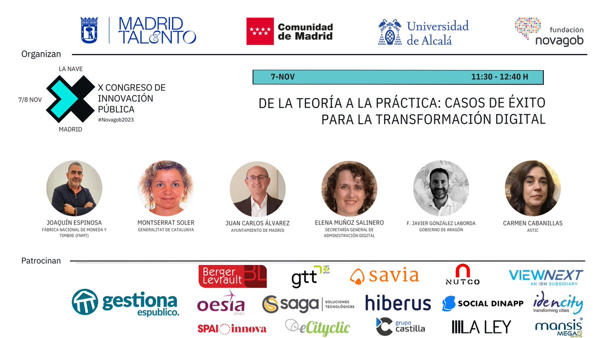 novagob's tweet photo. #Novagob2023
👉 "De la teoría a la práctica: casos de éxito para la transformación digital"
🗣️ Con Joaquín Espinosa (#FNMT), Montserrat Soler (@gencat), Juan Carlos Álvarez (@MADRID), Elena Muñoz Salinero (#SGAD), @jgonzalezlab y @mcctwit
📆 7-nov
🕙 11:30 - 12:40 h. https://t.co/nGOelxZLXJ
