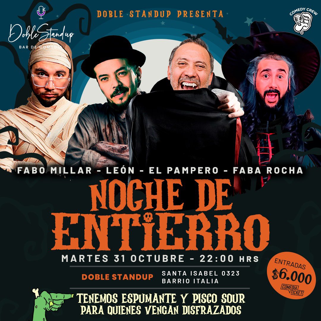 elfabarocha's tweet photo. 🧟‍♂️🎃👻 Nos vemos HOY 31 de octubre en @doblestandup para reirnos de lo lindo junto al @emilio.pampero @leonfusionhumor y @fabomillarl Solo te digo que vamos disfrazados, así es que no te lo pierdas por na’ del mundo porque va a estar wenardo!!! 👻🎃🧟‍♂️

😈 Produce @somoscomedycrew https://t.co/j2YLRyeuA4