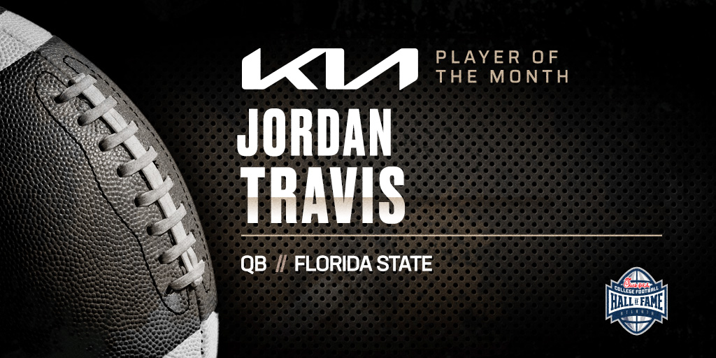 cfbhall's tweet photo. The October @Kia Player of the Month is @FSUFootball QB @jordantrav13! Thanks for participating #NoleFamily and #KeepCLIMBing! 👏 👍 #KiaPlayeroftheMonth #CFBHALL #JordanTravis #FSU #CollegeFootball https://t.co/sZzn7l086Z