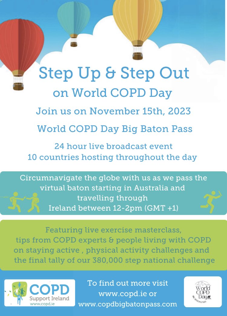 We will be broadcasting live between 12 &amp; 2pm on #WorldCOPDday as part of the 1st #WorldCOPDdayBigBatonPass  to learn more and join us on the day visit COPD.ie or copdbigbatonpass.com #COPD <a href="/irishthoracicS/">Irish Thoracic Society</a> <a href="/Anail_Ireland/">Anáil</a> <a href="/CPRC_ISCP/">CPRC_ISCP</a> <a href="/NCPRespiratory1/">@NCPRespiratory</a>